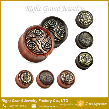 Fashion Brass Inlayed Wooden Ear Plugs Tunnel Piercing Body Jewelry